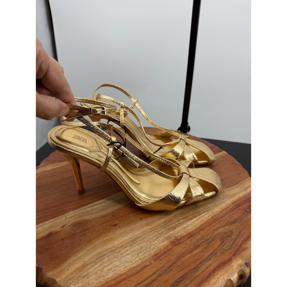 Zara metallic cover front strappy sandals heels gold High Heel 37 6.5 Square Toe - Picture 2 of 10